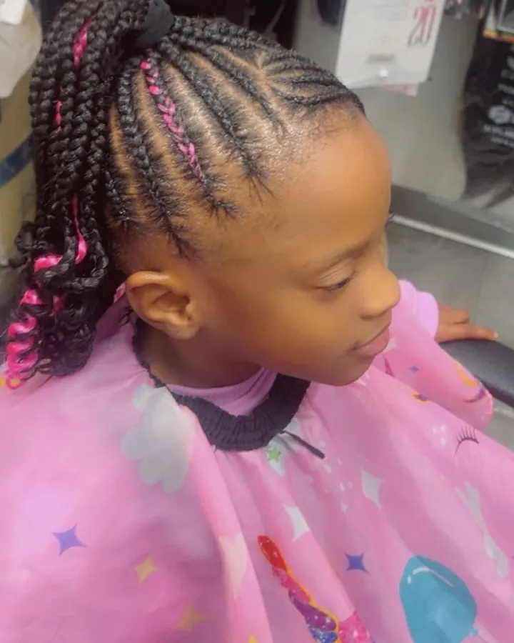 Kids cornrow ponytail with pink accents