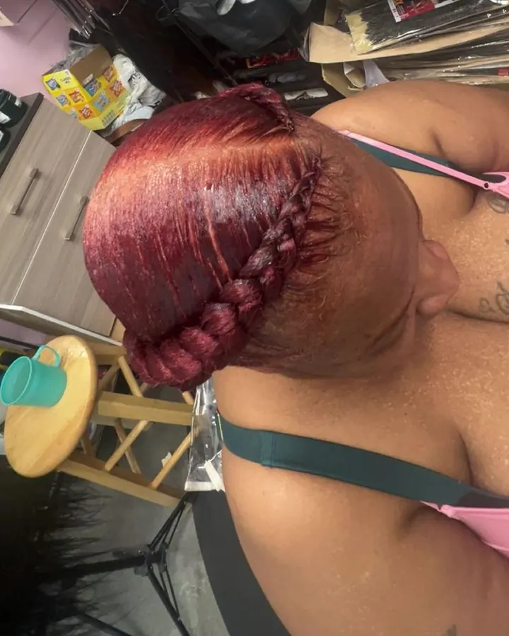Burgundy feed-in braid updo